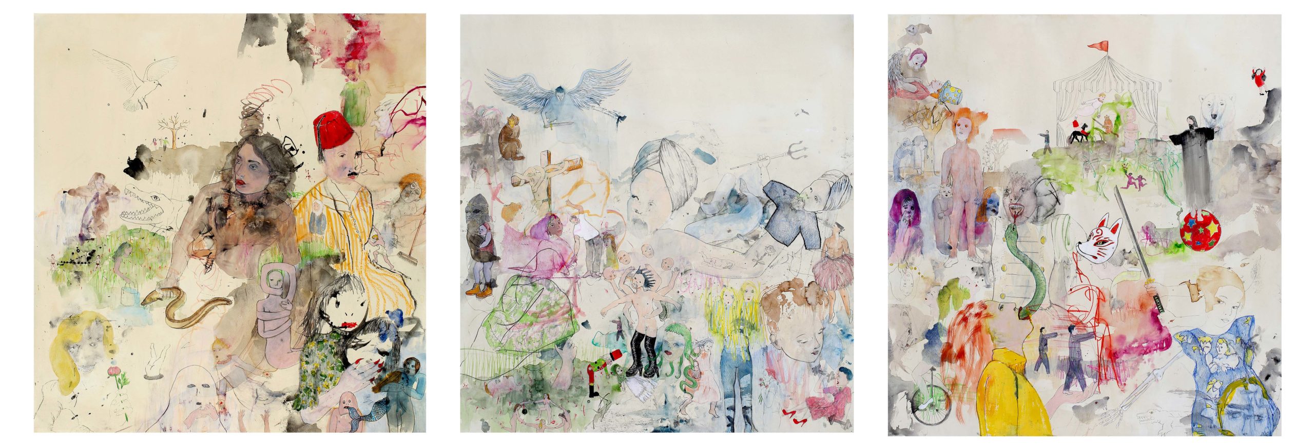 Ymen Berhouma, Behind the Marquee the Abyss, 2023, Ink, watercolor, crayon drawing on canson paper 75 x 80 cm x 3, Triptych, courtesy of the artist, copyright of the artist