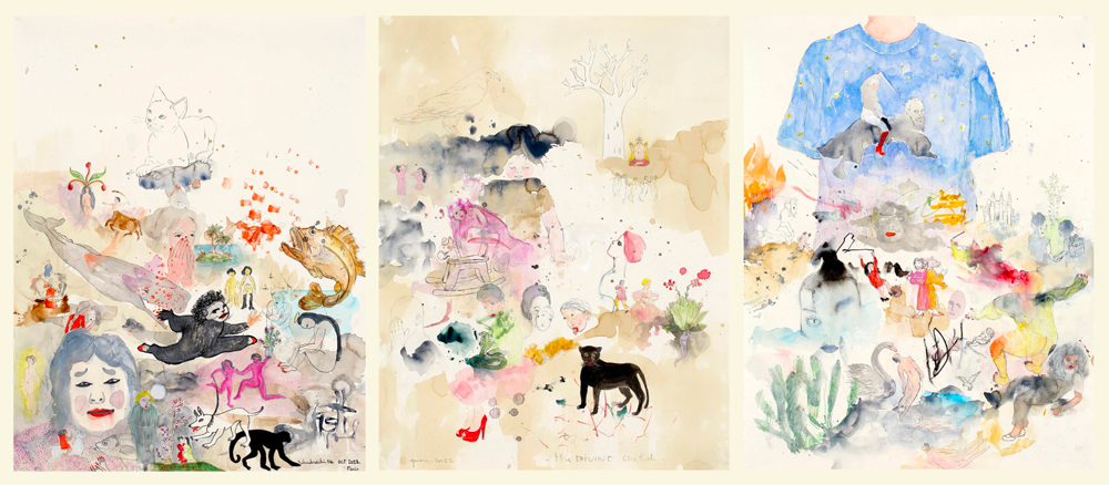 Ymen-Berhouma,-The-Divine-child,-2022,-Ink,-watercolor,-crayon-drawing-on-canson-paper-53-x-68-cm-x-3,-Triptych,-courtesy-of-the-artist,-copyright-of-the-artist