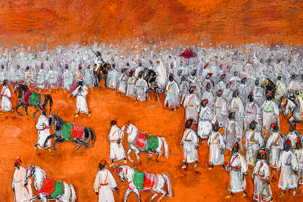 Hassan-El-Glaoui,-Sortie-du-Sultan-(Baîa),-Non-datée,-Technique-mixte-sur-carton,-76-x-105-cm,-Académie-du-royaume-d