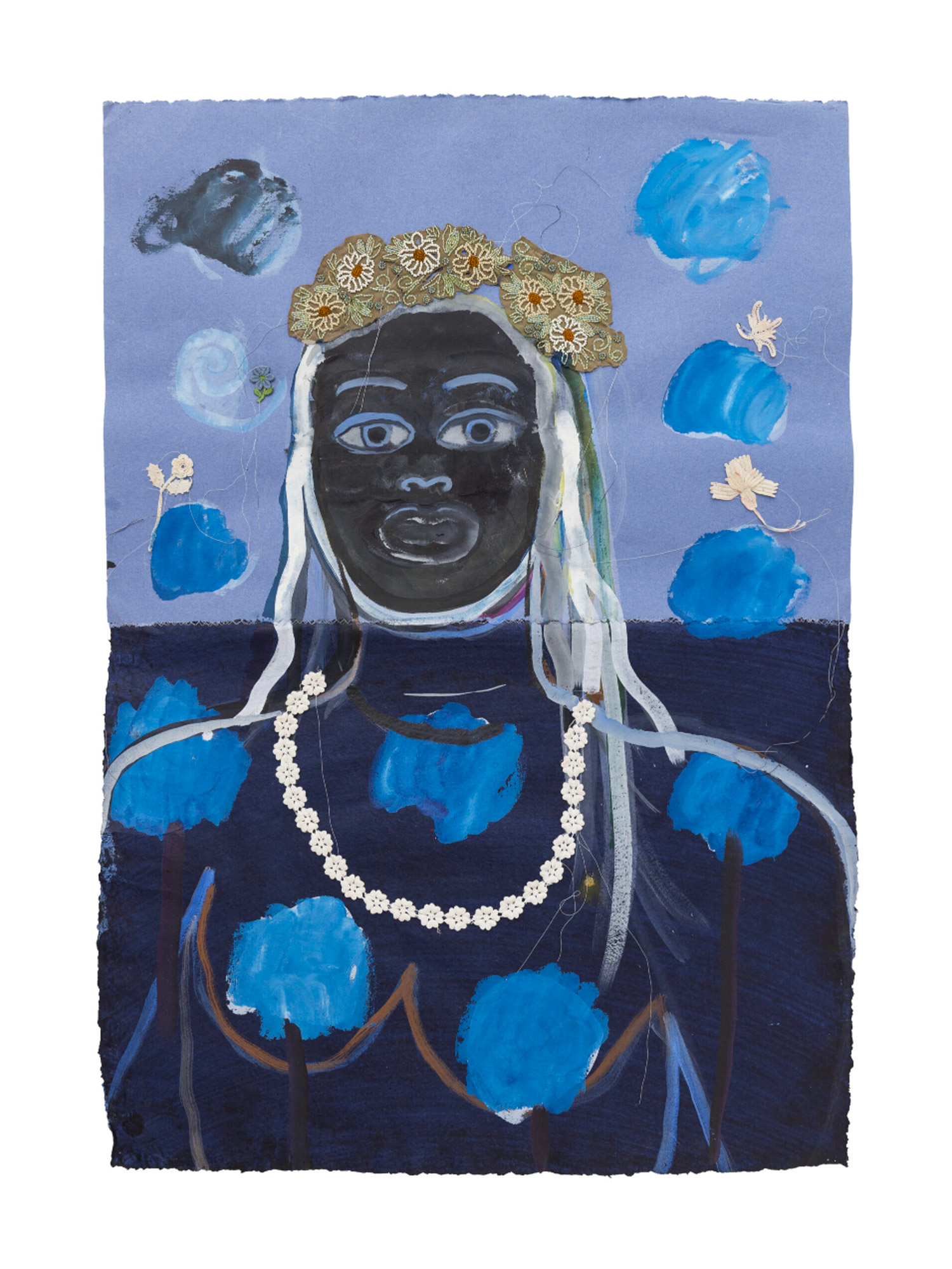 Atsoupé,-Déesse-Noire,-2025,-Encre,-perles,-frivolités-et-coutures-sur-papier,-110-x-76-cm,-©Loïc-Madec,-Courtesy-Galerie-Anne-de-Villepoix