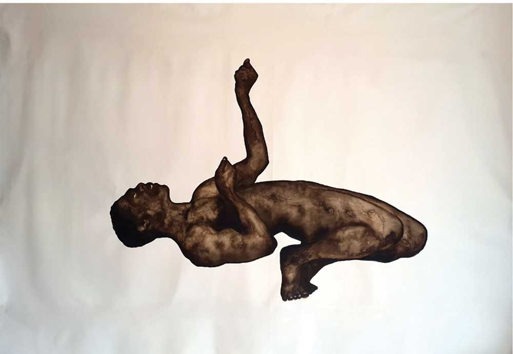 YVANOVITCH-MBAYA---Danse-violente-et-vitale,-2025---Coffee,-Chinese-ink,-charcoal-powder-on-paper---Unframed_-150-×-200-cm