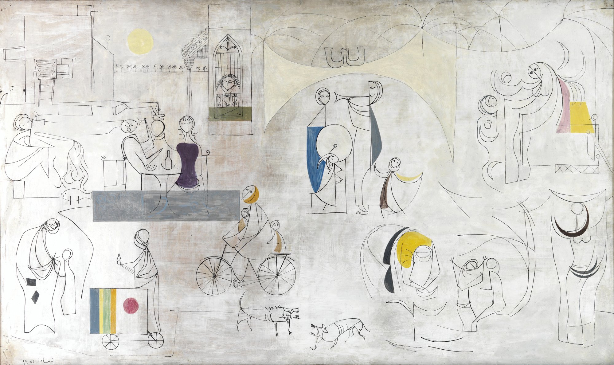 Jewad Selim, Baghdadiat, 1956, mixed media on hardboard, 98.5 x 169cm. Mathaf: Arab Museum of Modern Art, Doha.