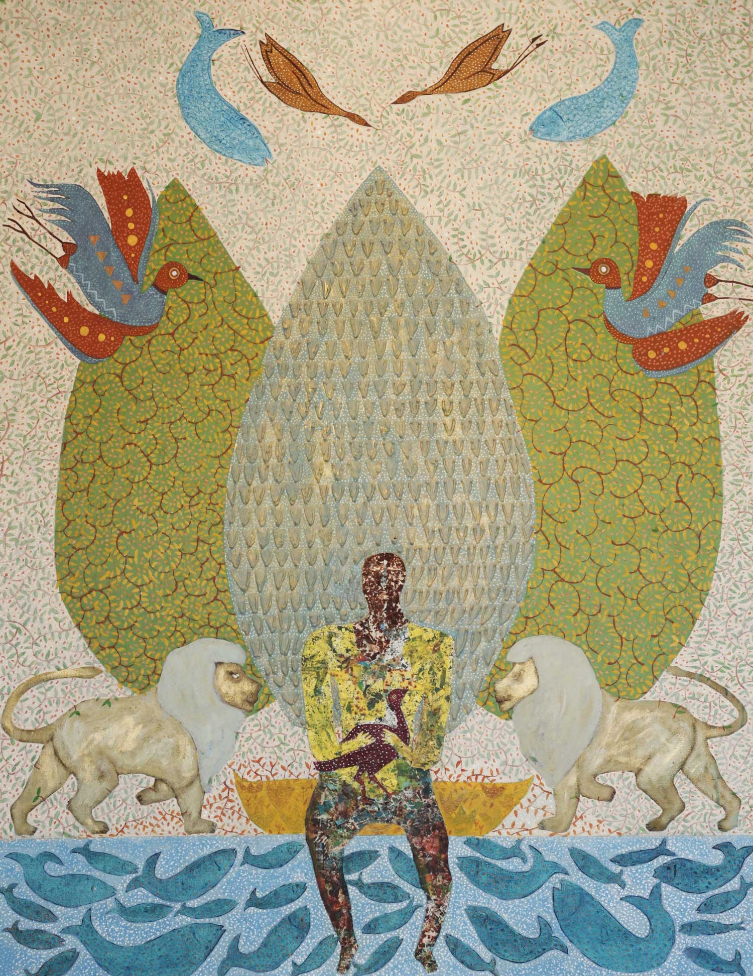 Amor Ghedamsi, Tilka akwan taskunuk (Ce sont des univers qui vivent en toi), 2025, Technique mixte sur toile, 114 x 147 cm