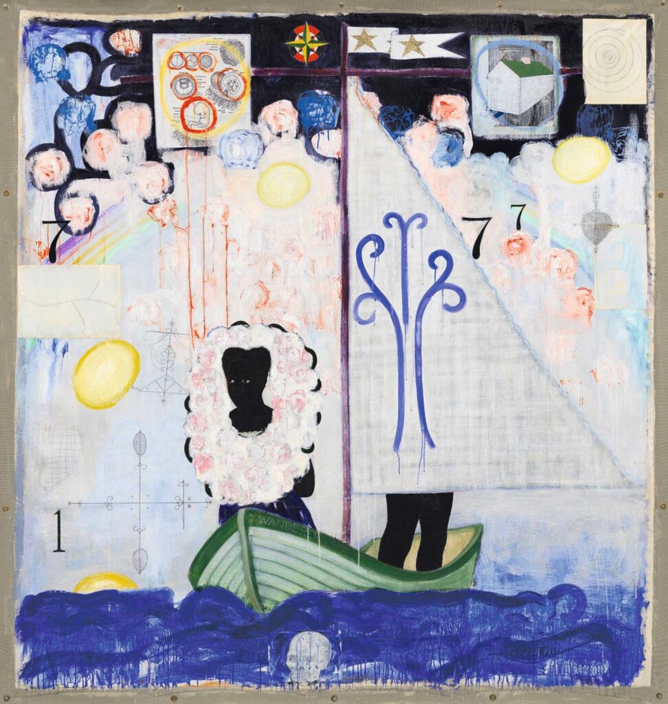 Kerry James Marshall, Voyager, 1992, acrylique et collage sur toile, 220.98 × 220.35 cm.Courtesy de la Corcoran Collection. ©Kerry James Marshall
