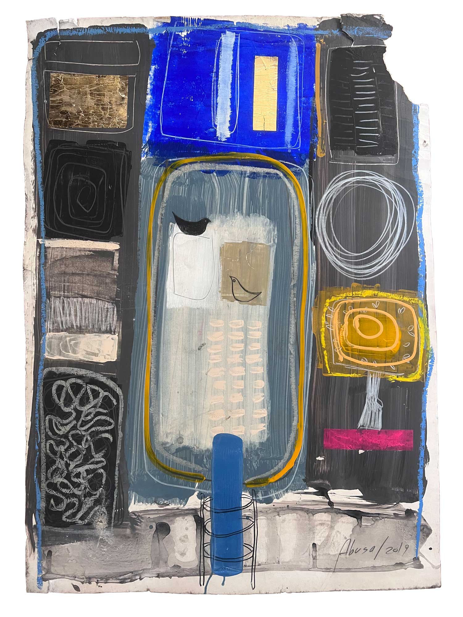 Mohammed Abusal, Tourism Through a Window No. 1, 2019, Technique mixte sur papier, 105 x 75 cm Note: Cette œuvre a été endommagée à Gaza en novembre 2023, lors du bombardement de la maison de l'artiste.
