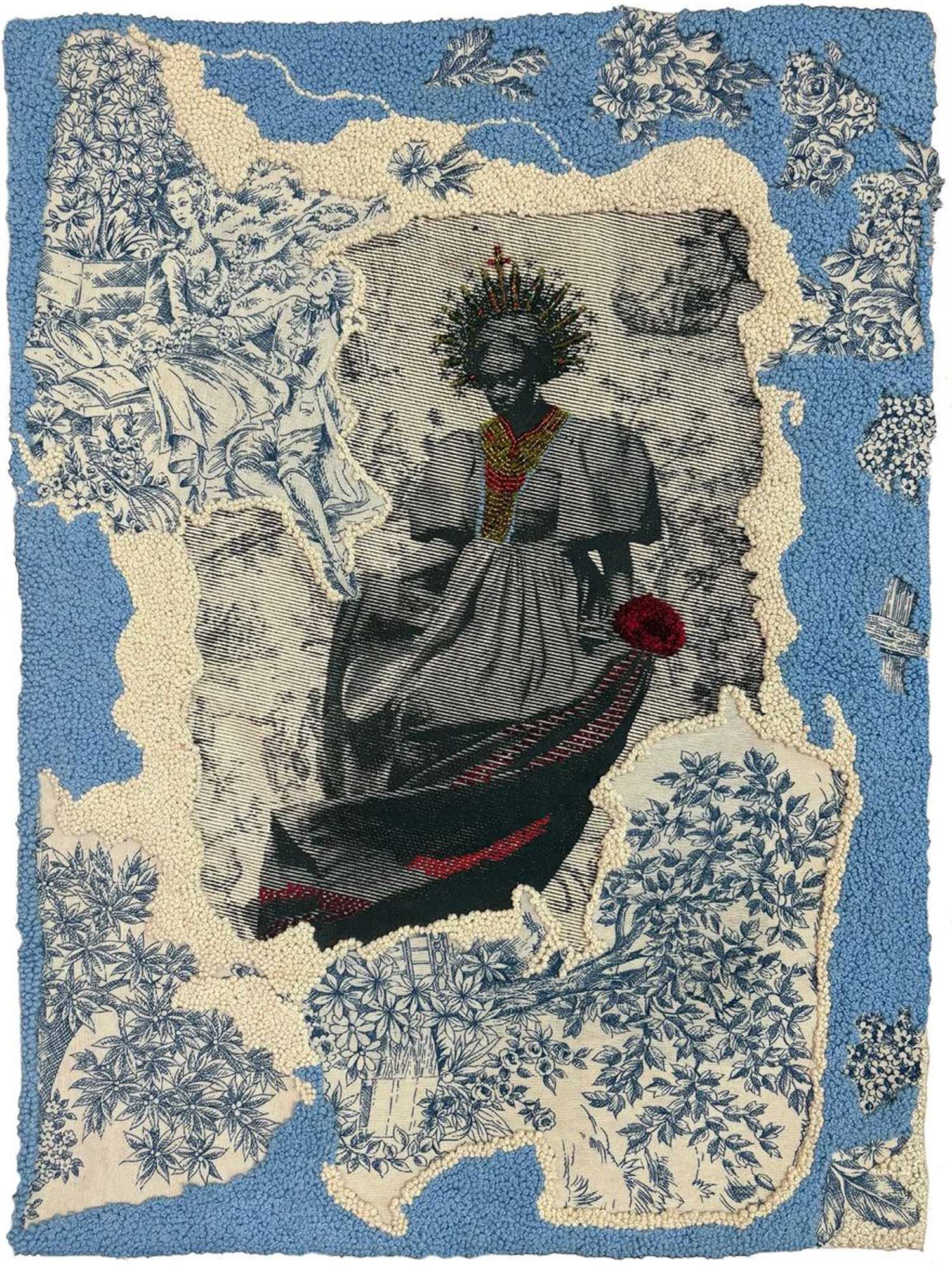Rachel Malaika, Vierge Noire, 2025, technique mixte avec matériaux recyclés sur toile, 58 × 43 cm. Courtesy OpenArtExchange.