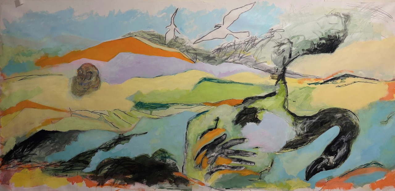 Sirin Boubaker, No Name Is Great, 2025-2026, techniques mixtes sur toile, 92 × 200 cm. © Sirin Boubaker, courtesy Armature.