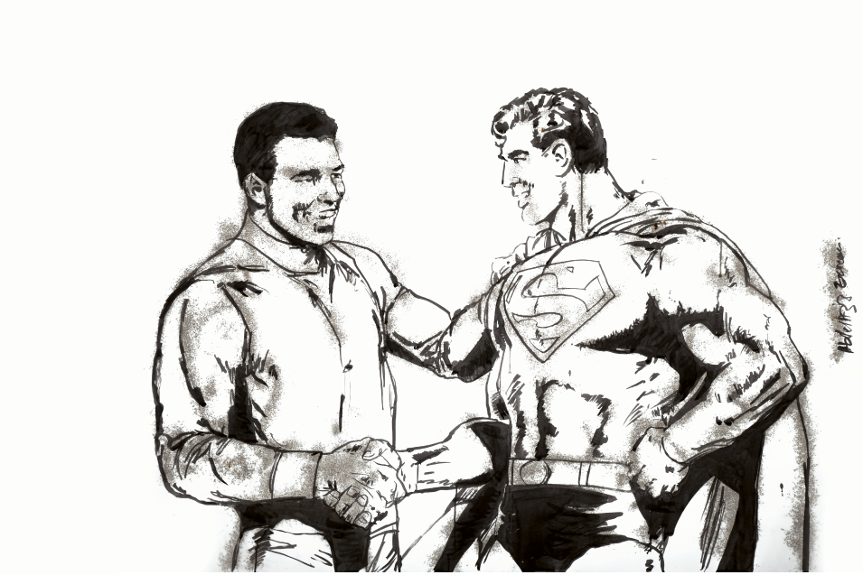 Superman vs Muhammad Ali, 2017, encre de chine et poudre noire sur papier, 200 x 150 cm