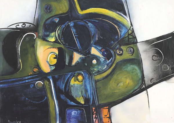 Miloud Labied (1939-2008) Composition, 1972 Huile sur toile Signée et datée en bas à droite 155 x 108 cm 700 000 / 800 000 DH 65 100 / 74 400 €. Courtesy de la CMOOA