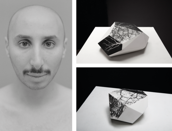 (à gauche) : Autoportrait, 2015, photographie argentine. © Mustapha Azeroual (à droite) Série Résurgences#2, 2014, tirages en gomme bichromatée sur volume en porcelaine, dimensions variables
