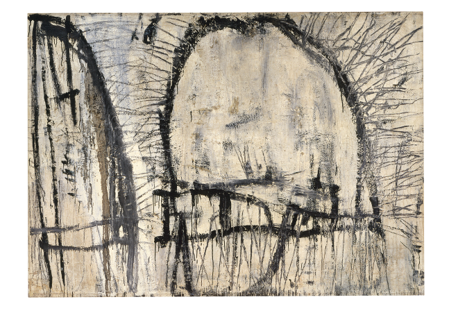Cy Twombly, Volubilis, 1953, Mine de plomb blanche, peinture industrielle, crayon à la cire sur toile